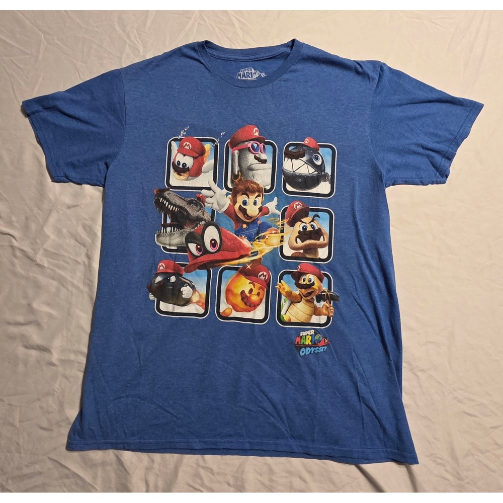 Super Mario Odyssey T Shirt Men's Large Blue Nintendo 2018 Graphic Gaming Tee